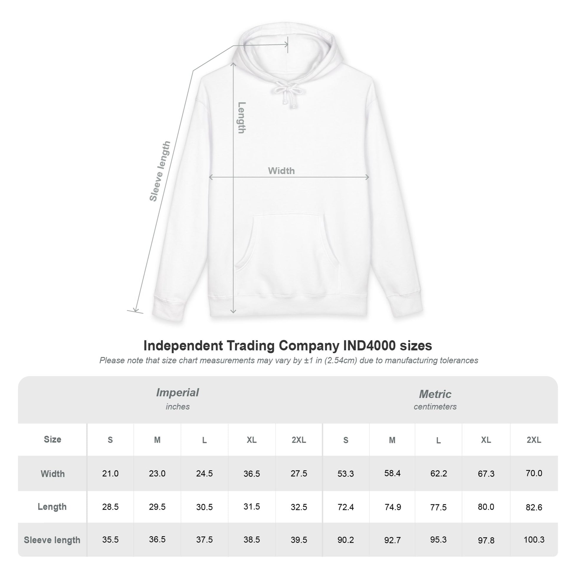 White hoodie with size chart measurements on a white background