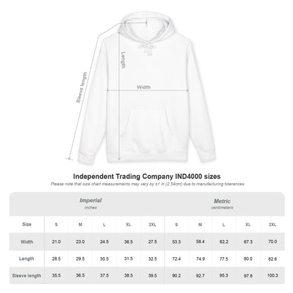 White hoodie with size chart measurements on a white background