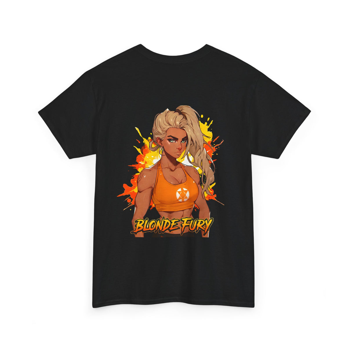 Blonde Fury cotton t-shirt back view black - gold and amber anime design by O'Connor