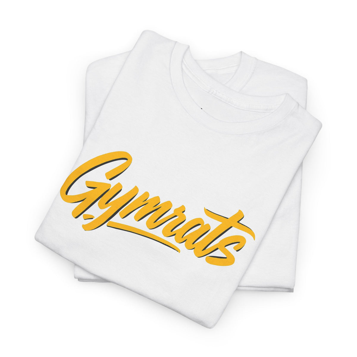 Blonde Fury folded white cotton t-shirt showing Gymrats collection logo