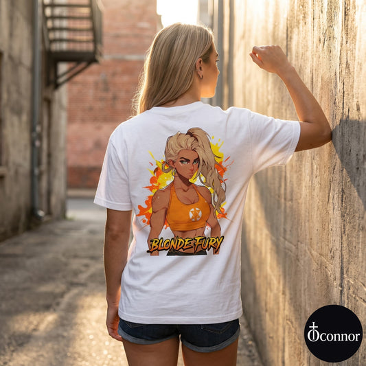 Female model wearing Blonde Fury white cotton t-shirt seen from behind in urban setting with anime-style elements - O'Connor streetwear