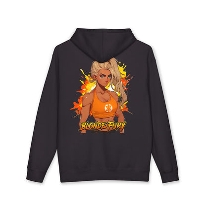 Blonde Fury hoodie back view black - gold and amber anime design by O'Connor