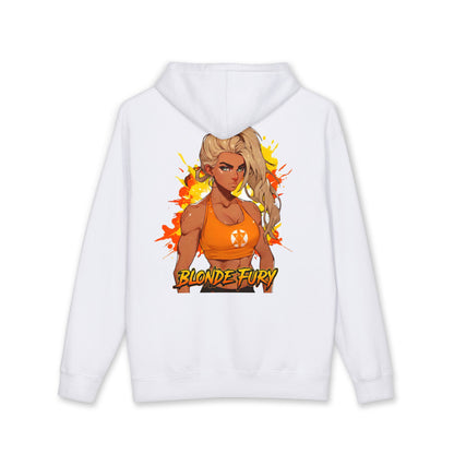 Blonde Fury hoodie back view white - gold and amber anime design by O'Connor