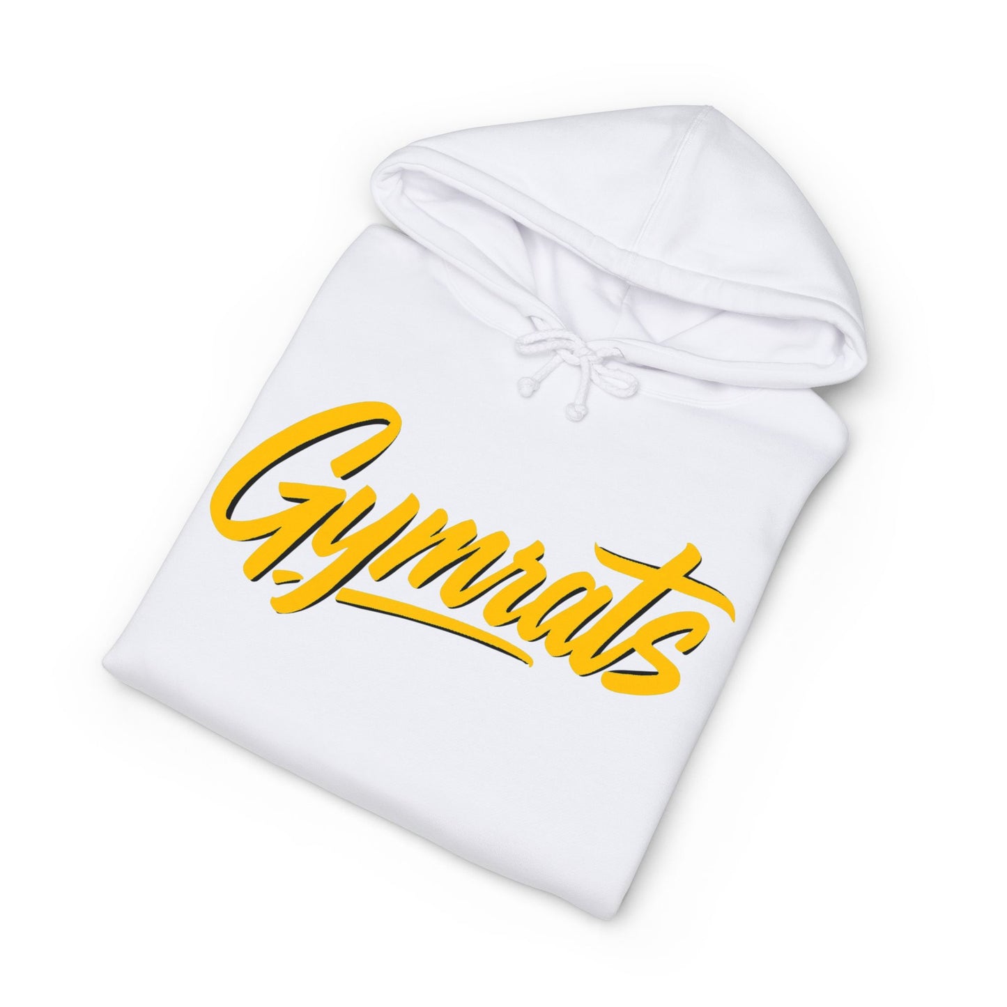 Blonde Fury folded white hoodie showing Gymrats collection logo