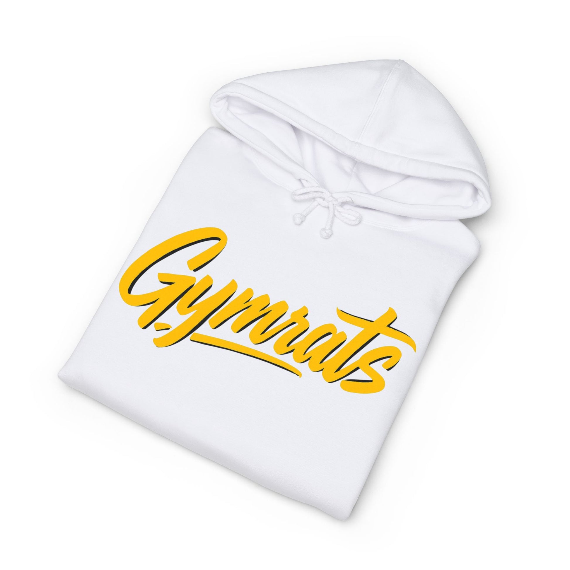 Blonde Fury folded white hoodie showing Gymrats collection logo
