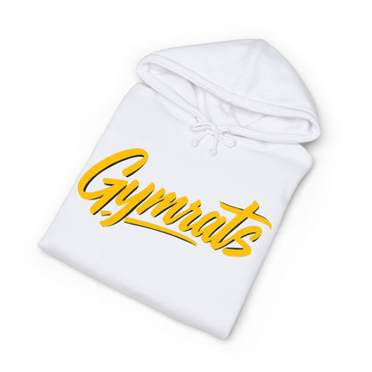 Blonde Fury folded white hoodie showing Gymrats collection logo