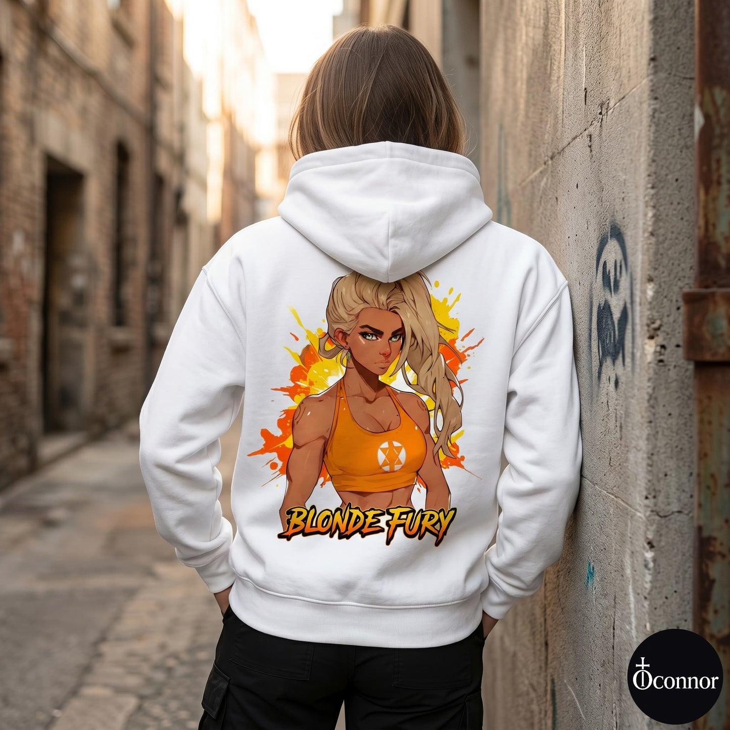 Female model wearing Blonde Fury white hoodie seen from behind in urban setting with anime-style elements - O'Connor streetwear