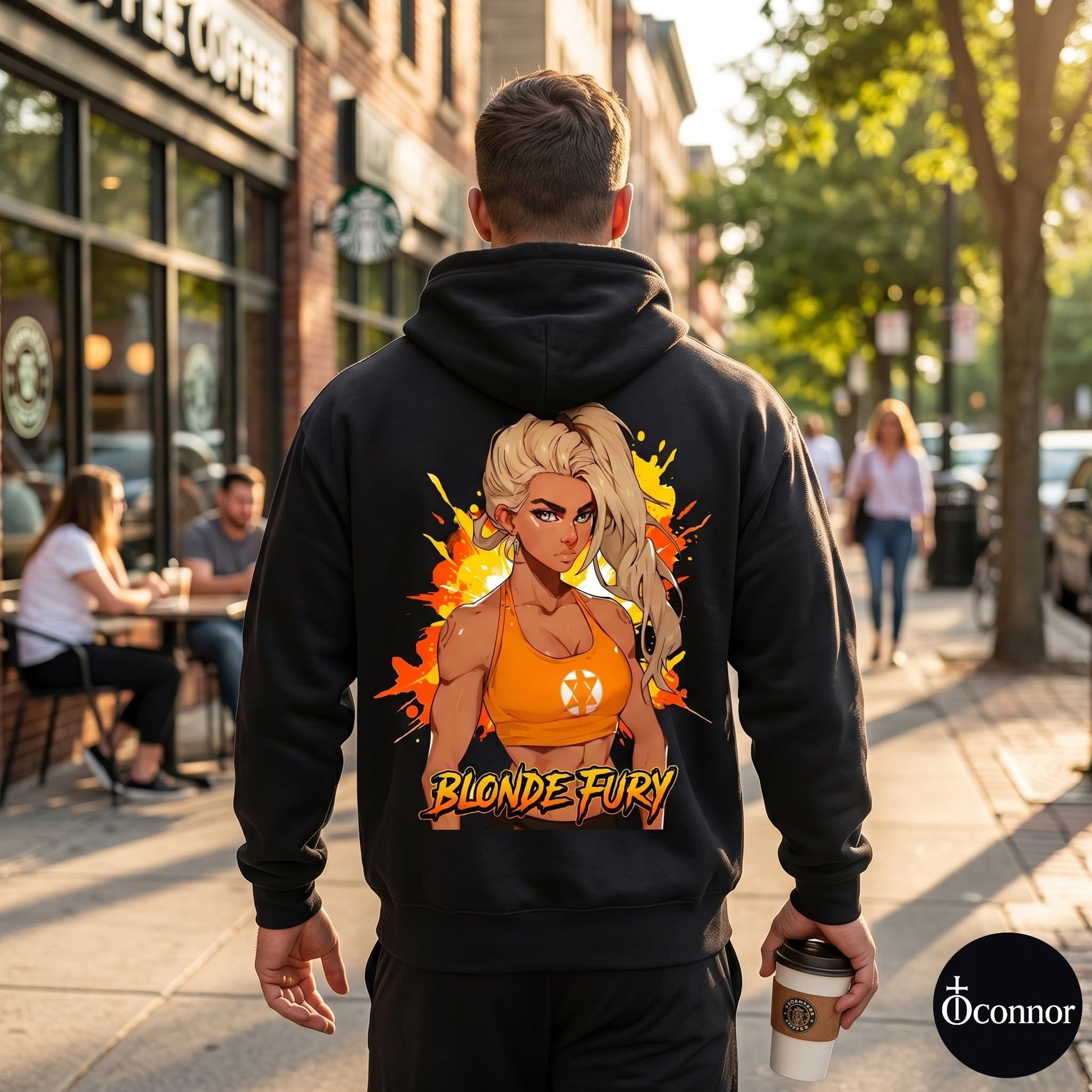 Male model wearing Blonde Fury black hoodie seen from behind in urban setting with anime-style elements - O'Connor streetwear