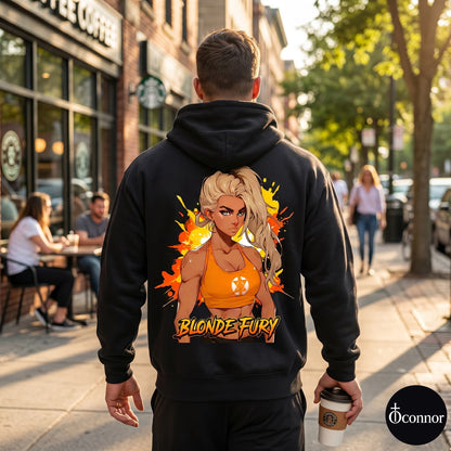 Male model wearing Blonde Fury black hoodie seen from behind in urban setting with anime-style elements - O'Connor streetwear