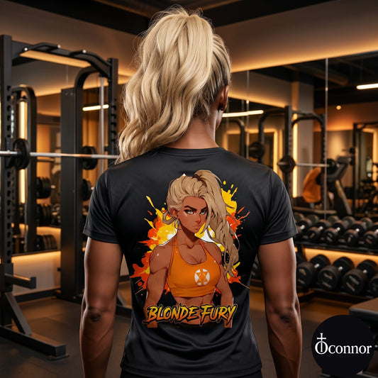 Female athlete wearing Blonde Fury anime polyester gym tee in fitness studio - back view showing gold design