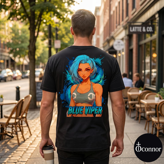 Male model wearing Blue Viper black cotton t-shirt seen from behind in urban setting with anime-style elements - O'Connor streetwear