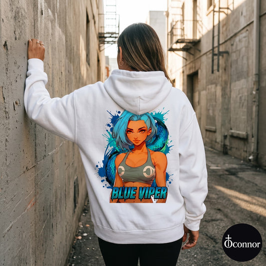 Female model wearing Blue Viper white hoodie seen from behind in urban setting with anime-style elements - O'Connor streetwear