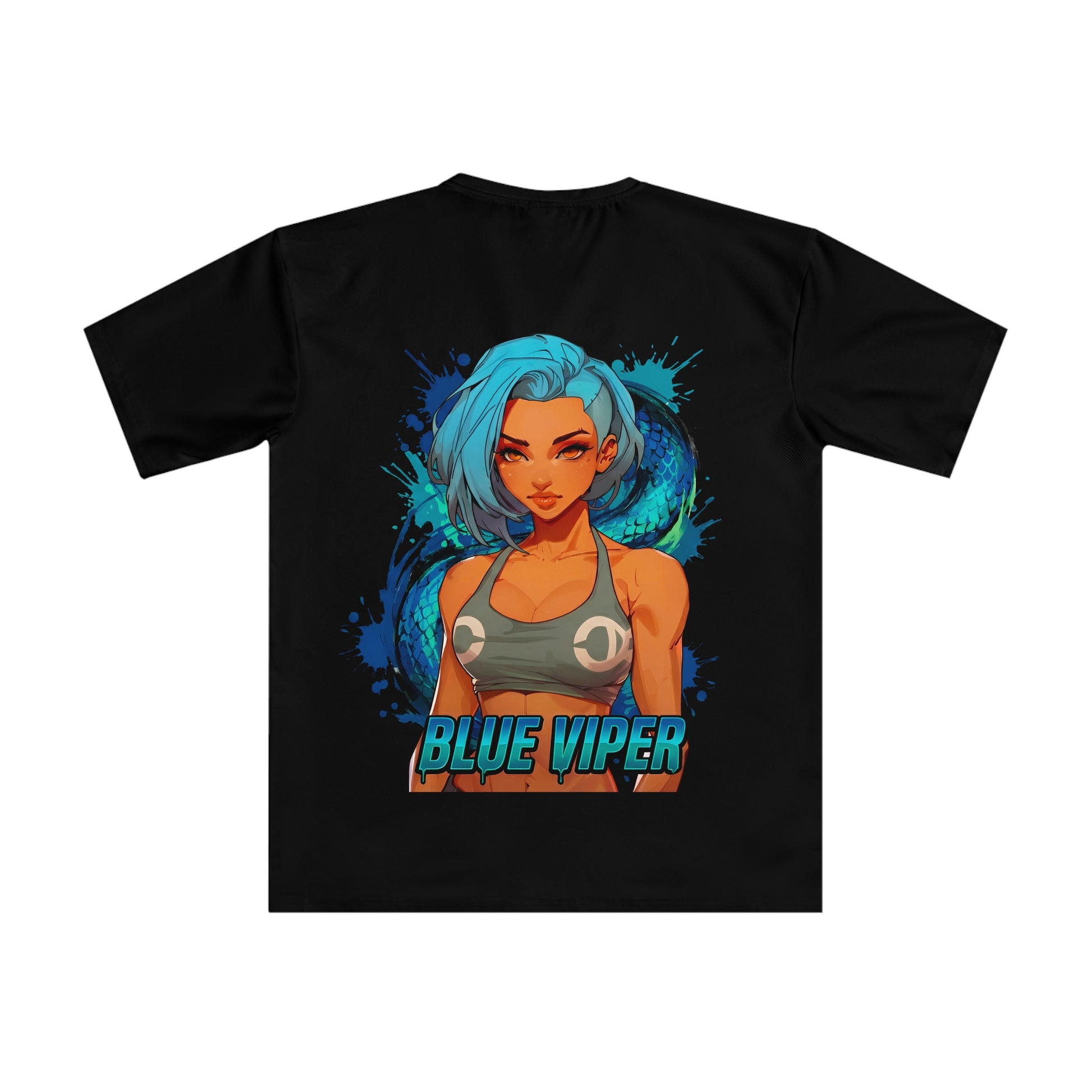 Blue Viper anime polyester performance tee back view - exclusive gymrat streetwear design