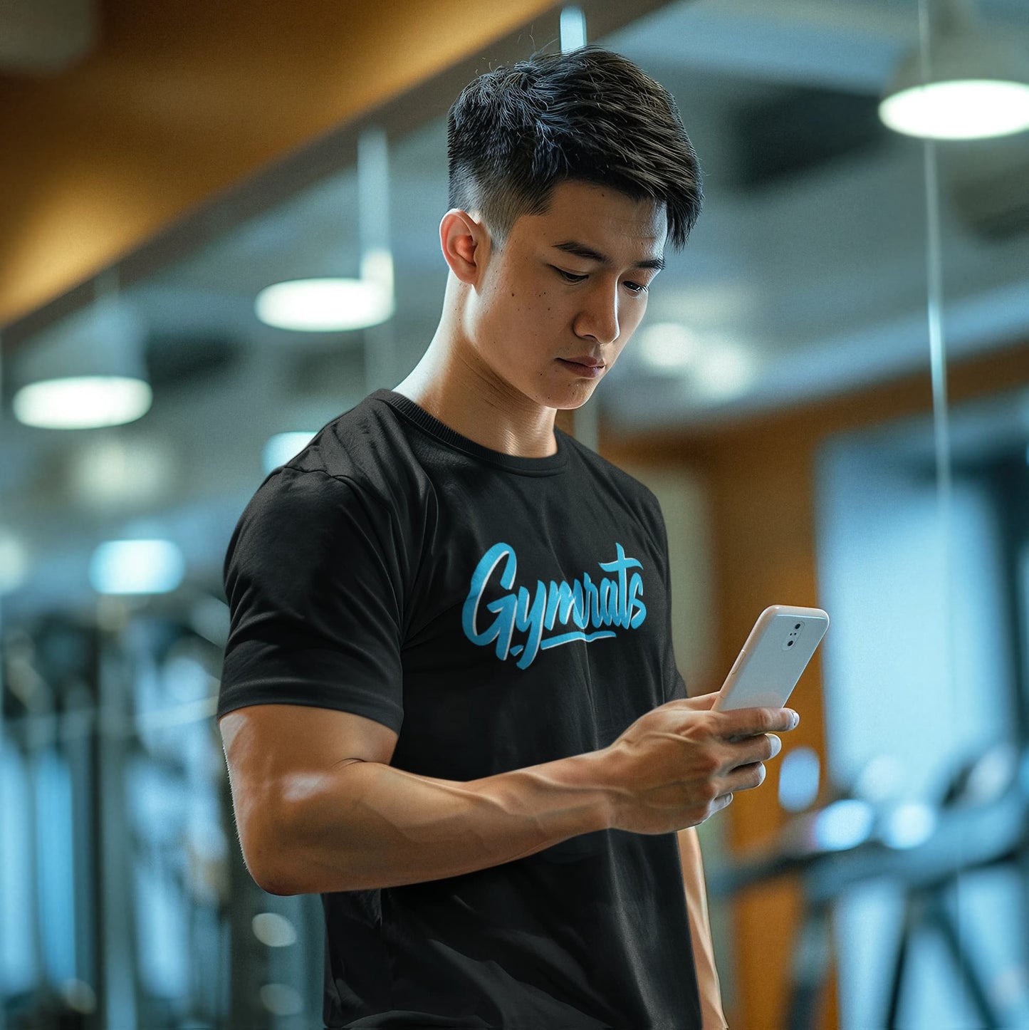 Model wearing Blue Viper polyester performance tee in gym setting - anime workout apparel