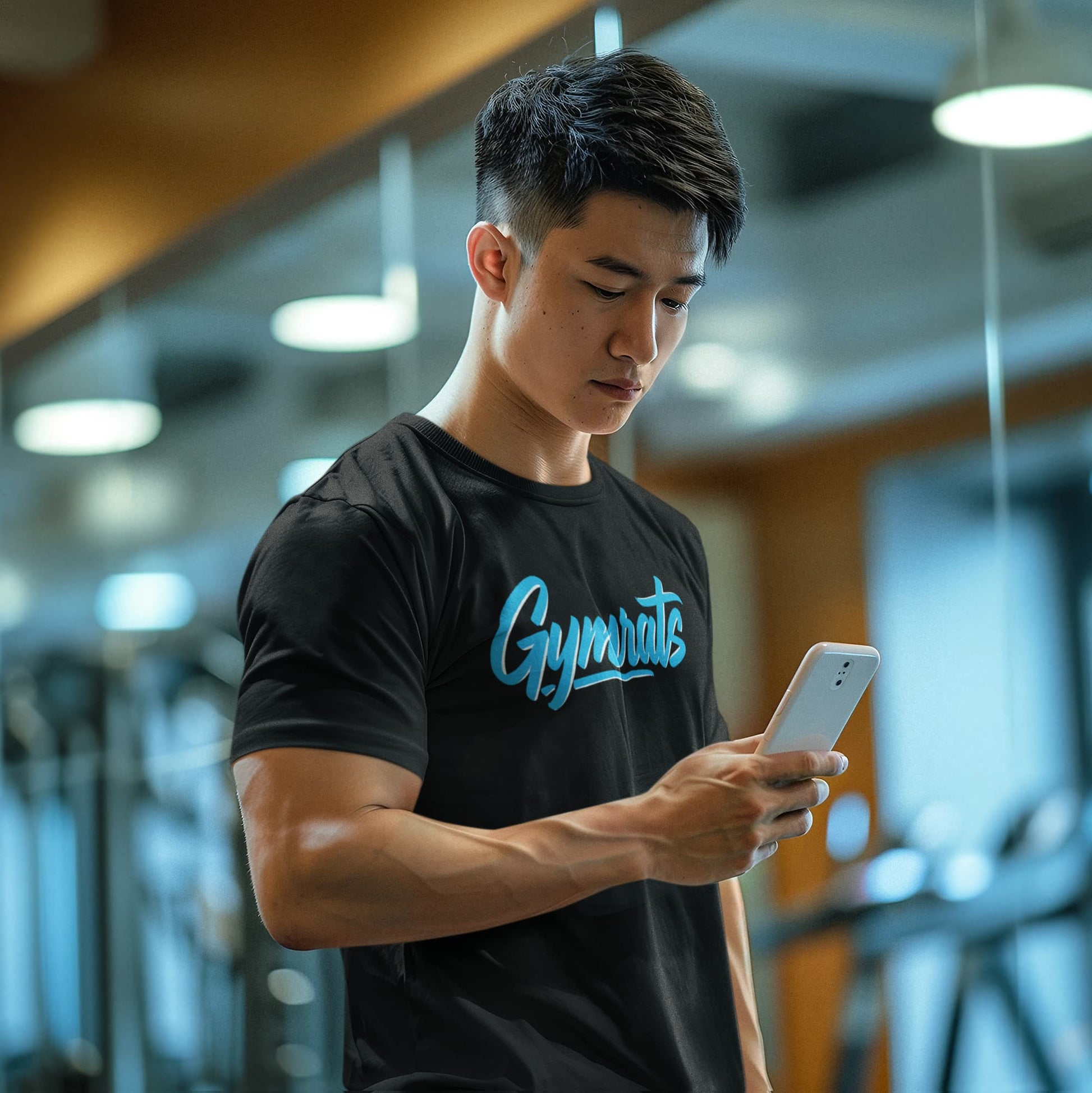 Model wearing Blue Viper polyester performance tee in gym setting - anime workout apparel
