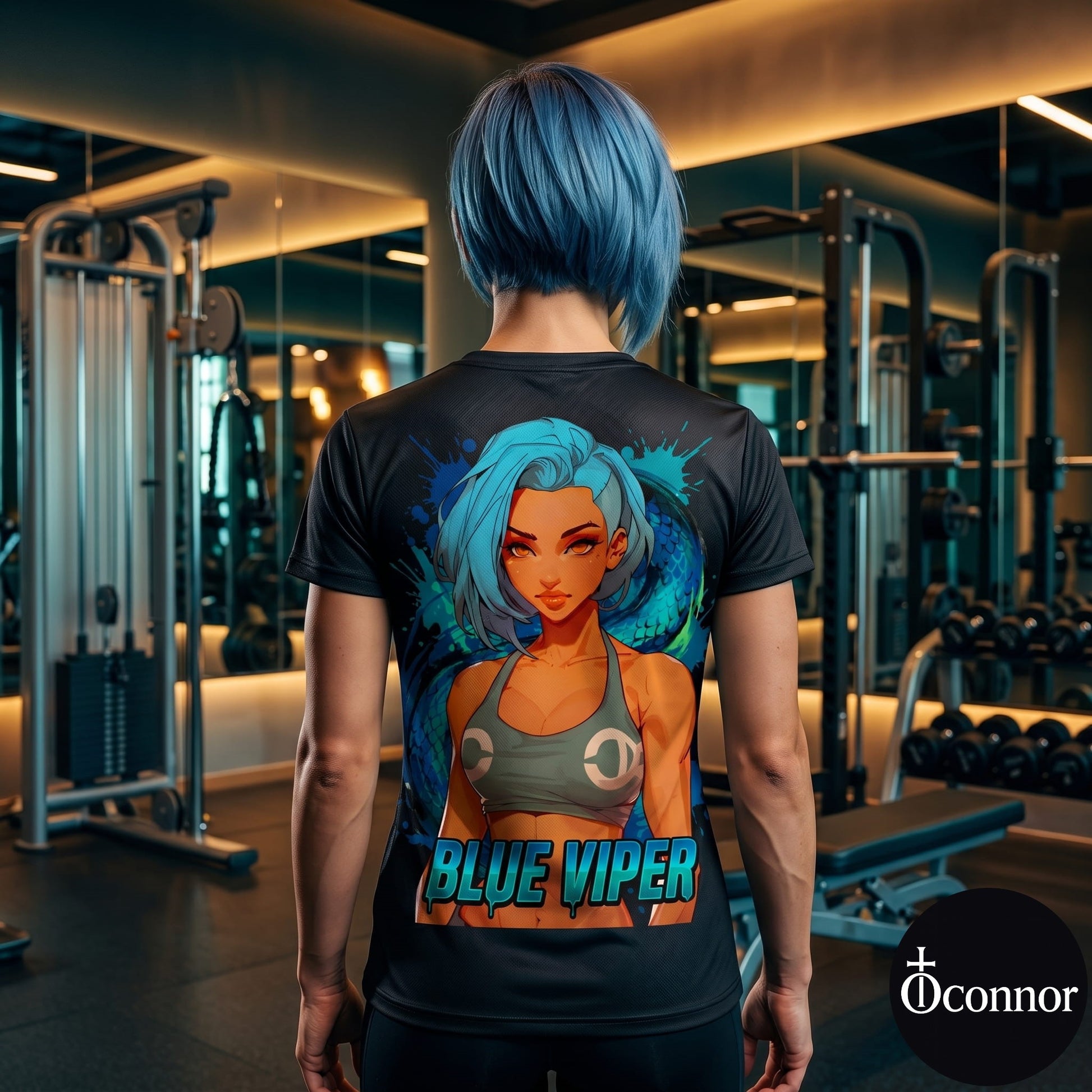 Female athlete wearing Blue Viper anime polyester gym tee in fitness studio - back view showing blue design