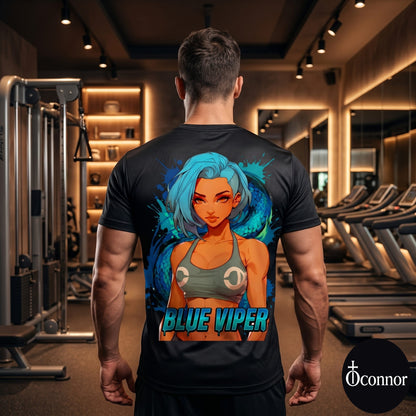 Male athlete wearing Blue Viper anime polyester gym tee in fitness studio - back view showing blue design