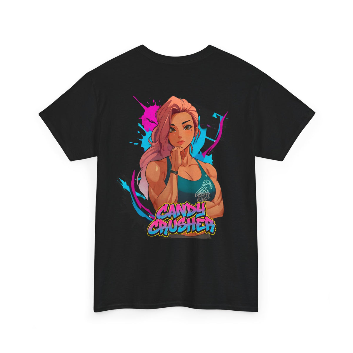 Candy Crusher cotton t-shirt back view black - vibrant pink and pastel anime design by O'Connor