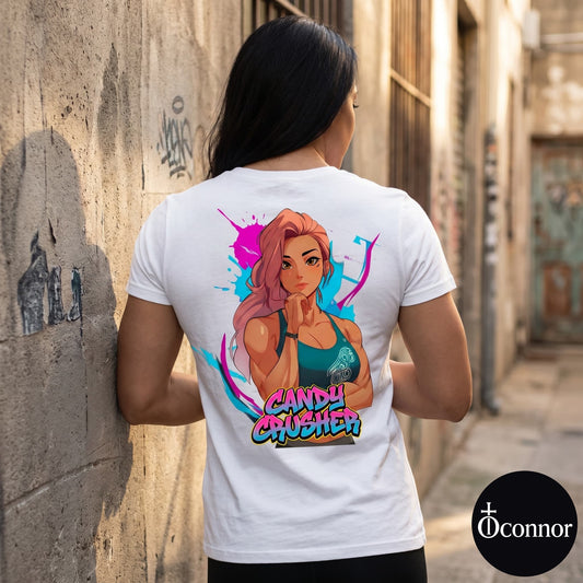 Female model wearing Candy Crusher white cotton t-shirt seen from behind in urban setting with anime-style elements - O'Connor streetwear