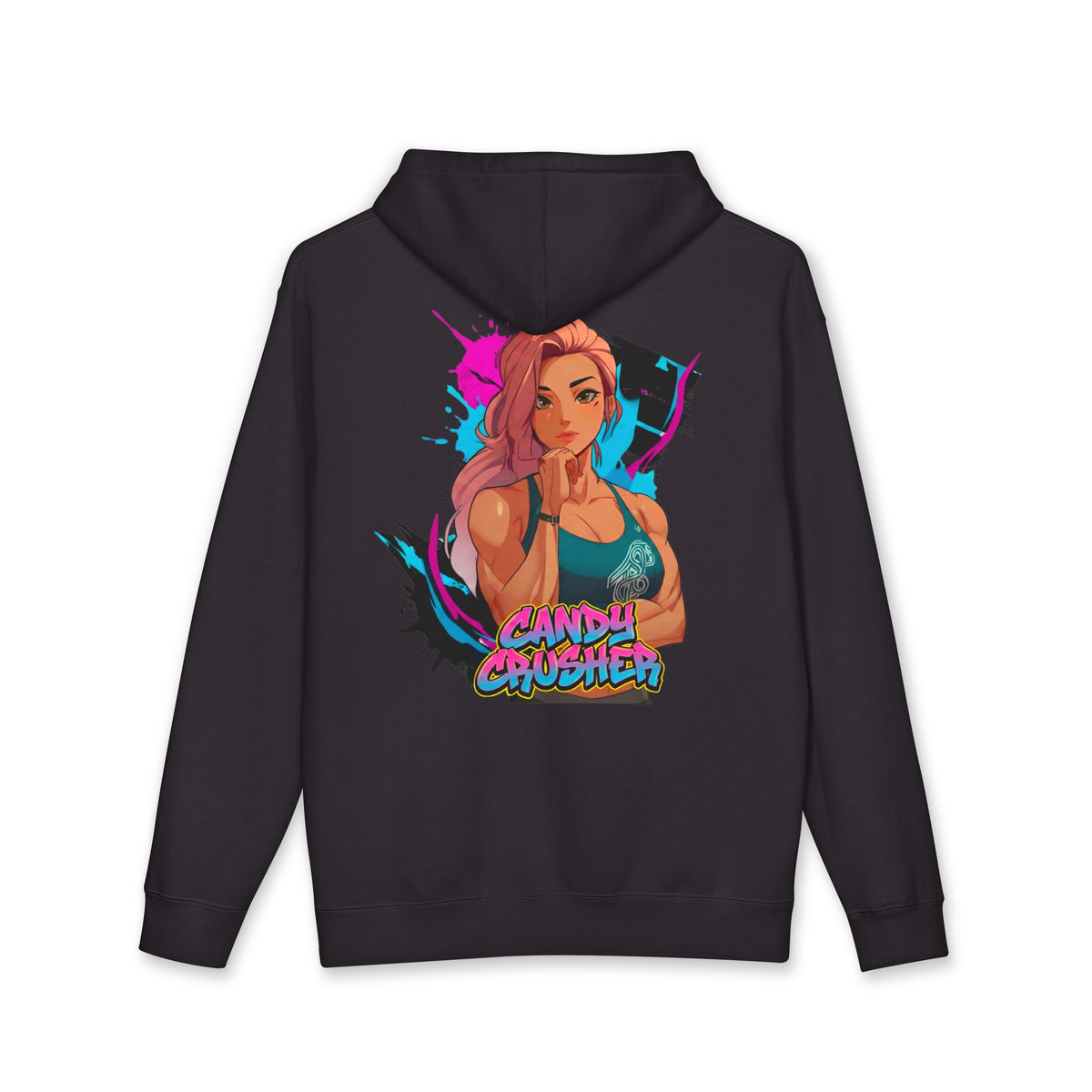Candy Crusher hoodie back view black - vibrant pink and pastel anime design by O'Connor