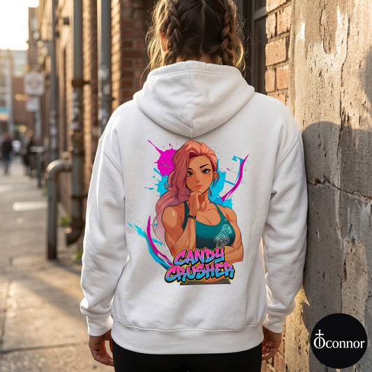 Female model wearing Candy Crusher white hoodie seen from behind in urban setting with anime-style elements - O'Connor streetwear