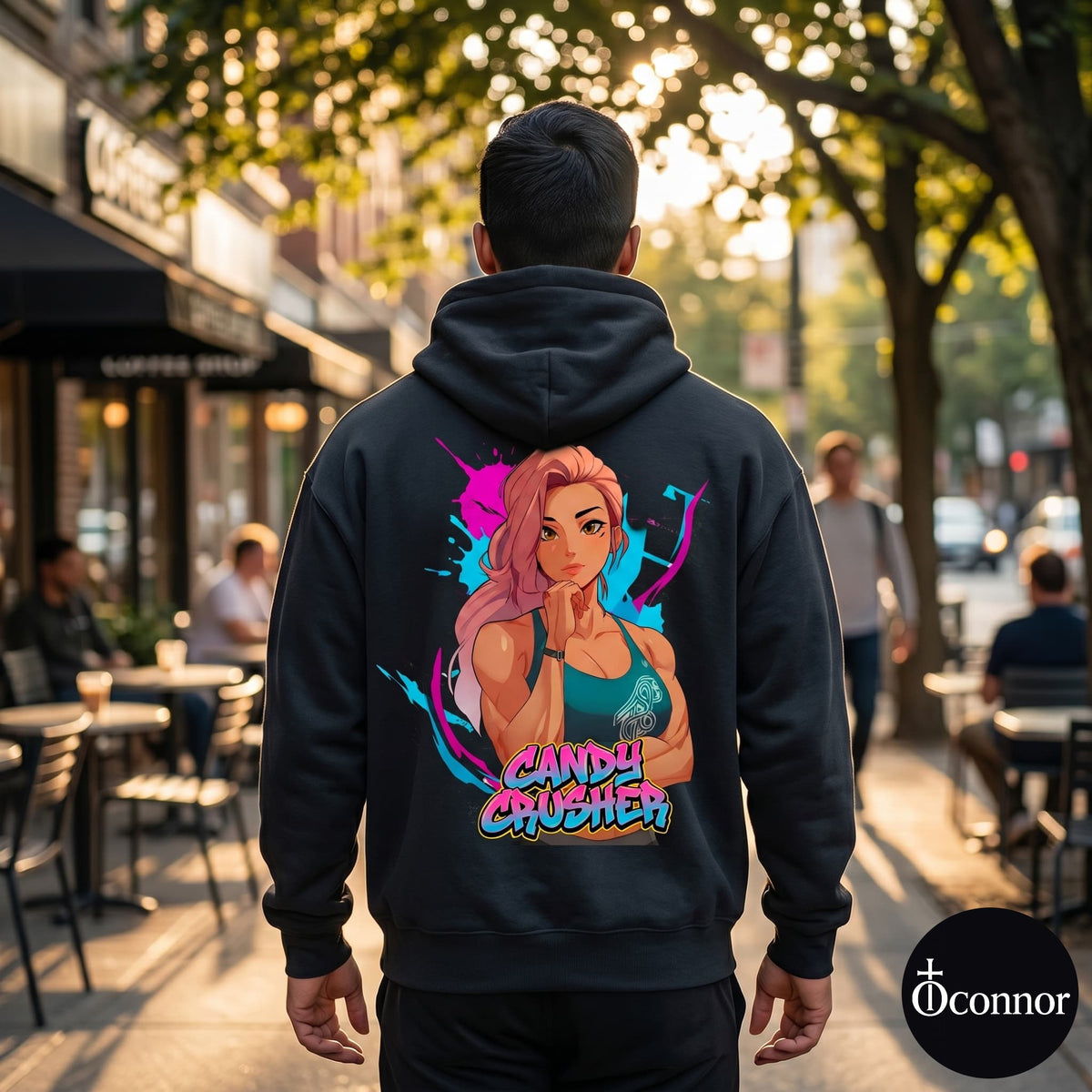Male model wearing Candy Crusher black hoodie seen from behind in urban setting with anime-style elements - O'Connor streetwear