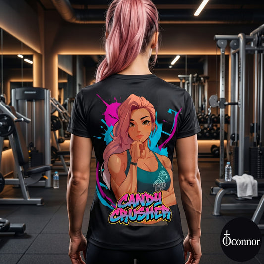 Female athlete wearing Candy Crusher anime polyester gym tee in fitness studio - back view showing pink design