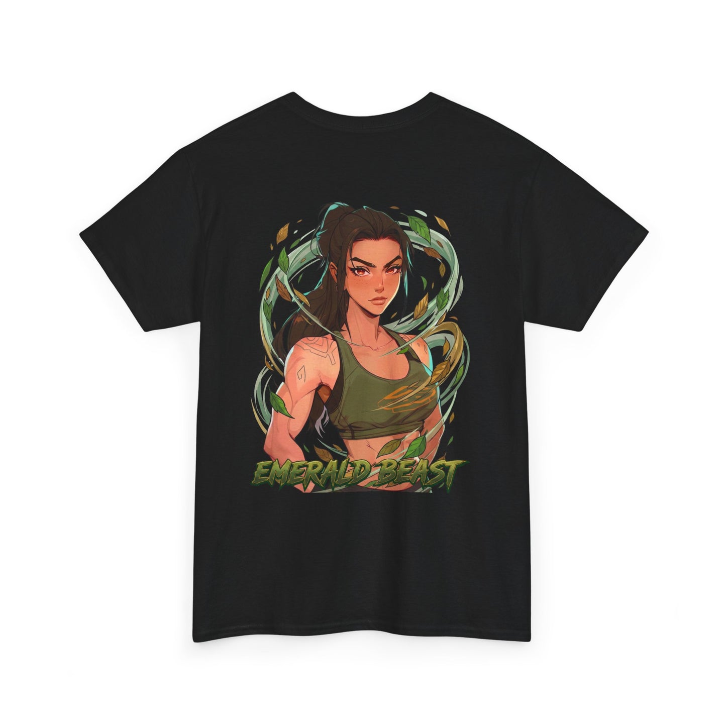Emerald Beast cotton t-shirt back view black - deep emerald green anime design by O'Connor
