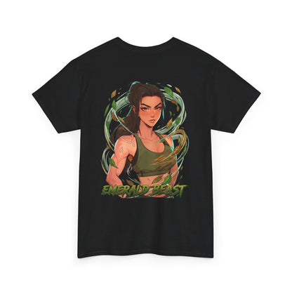 Emerald Beast cotton t-shirt back view black - deep emerald green anime design by O'Connor
