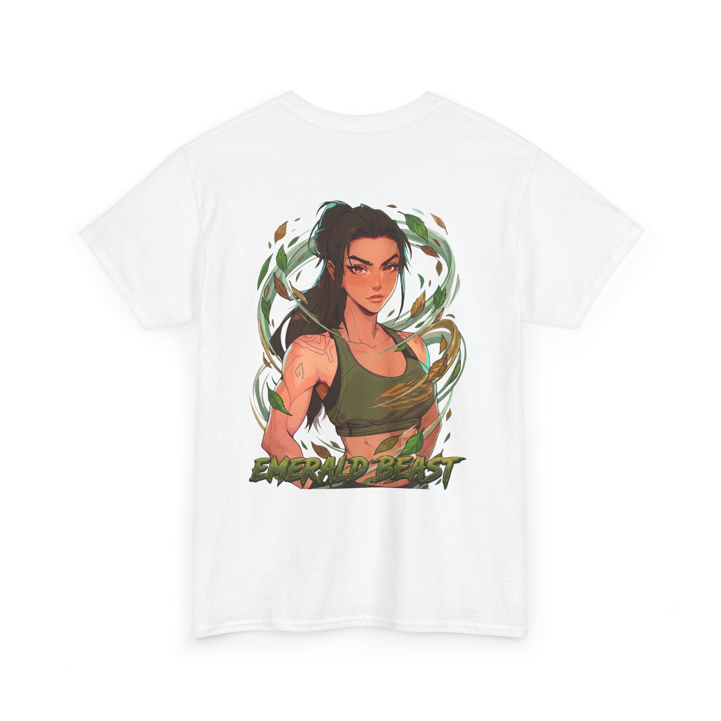 Emerald Beast cotton t-shirt back view white - deep emerald green anime design by O'Connor