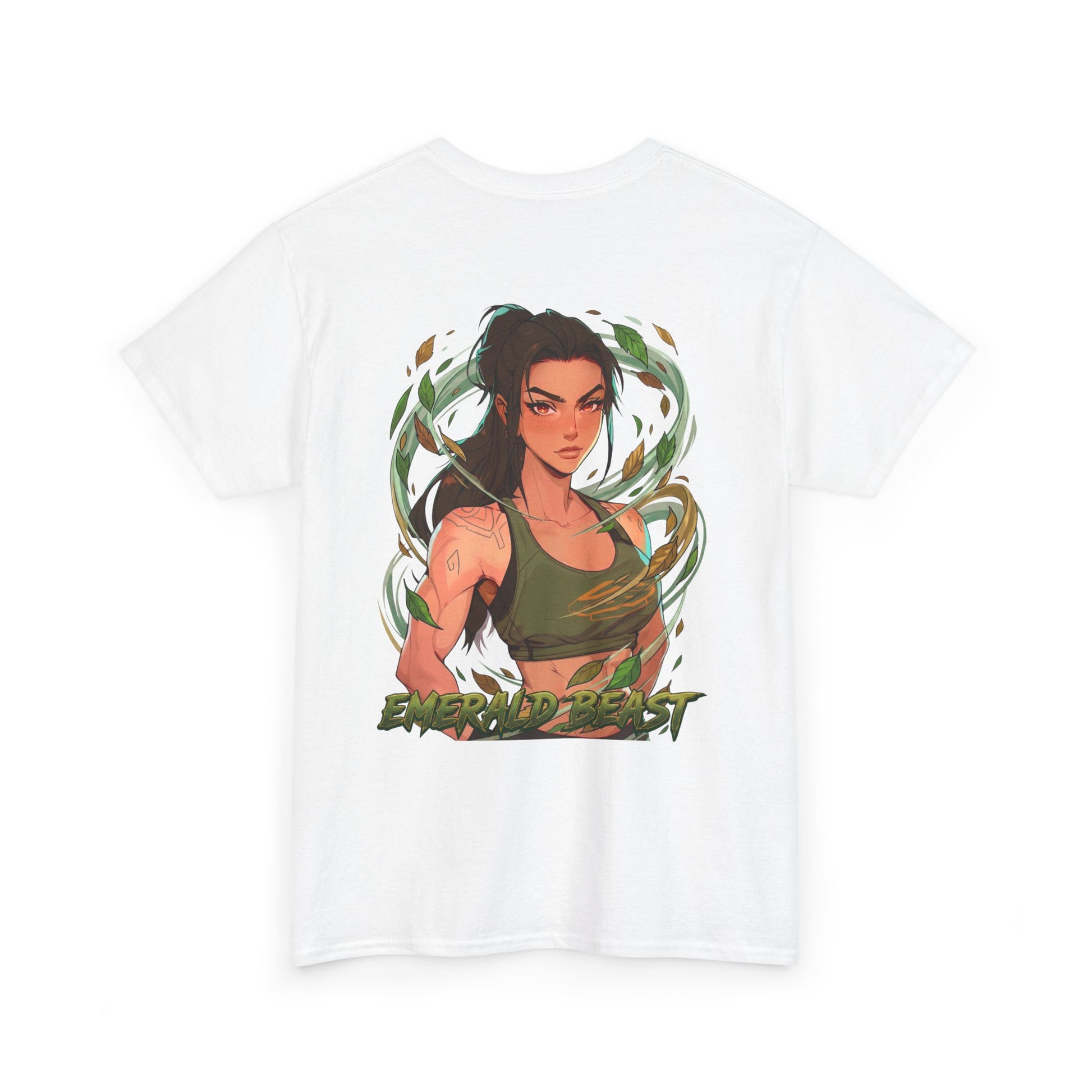 Emerald Beast cotton t-shirt back view white - deep emerald green anime design by O'Connor