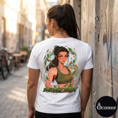 Female model wearing Emerald Beast white cotton t-shirt seen from behind in urban setting with anime-style elements - O'Connor streetwear