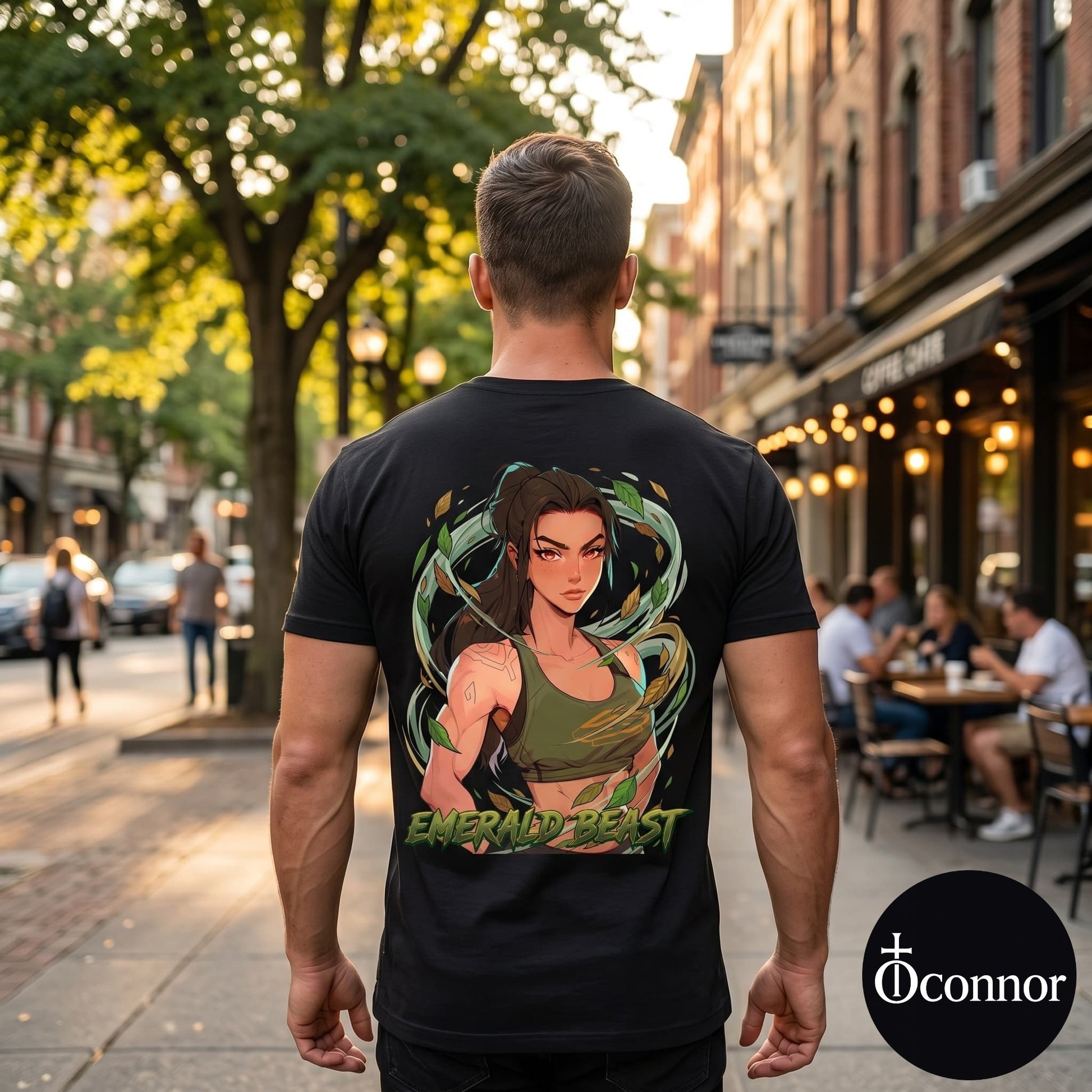 Male model wearing Emerald Beast black cotton t-shirt seen from behind in urban setting with anime-style elements - O'Connor streetwear