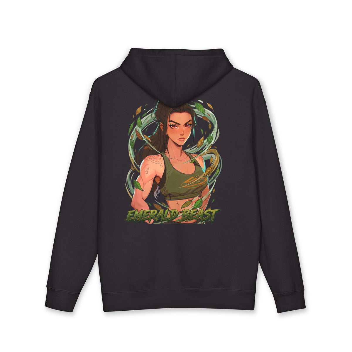 Emerald Beast hoodie back view black - deep emerald green anime design by O'Connor