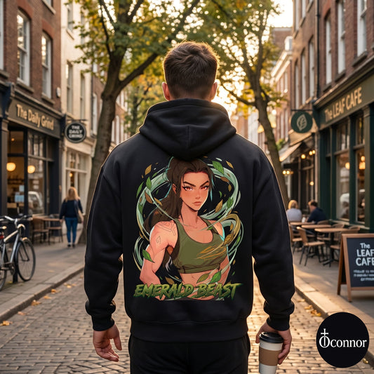 Male model wearing Emerald Beast black hoodie seen from behind in urban setting with anime-style elements - O'Connor streetwear