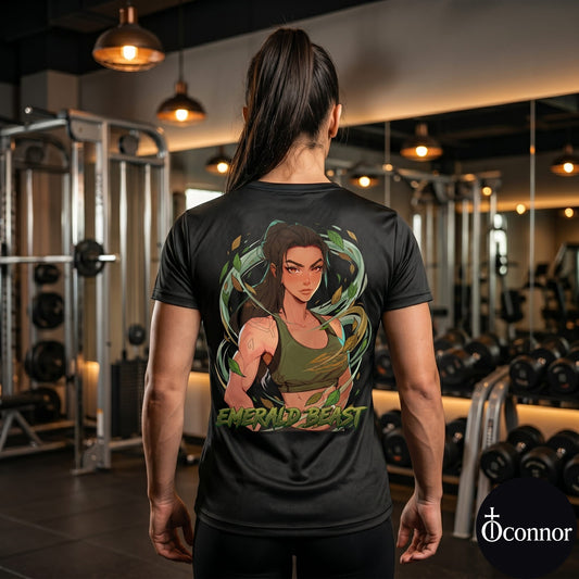 Female athlete wearing Emerald Beast anime polyester gym tee in fitness studio - back view showing green design