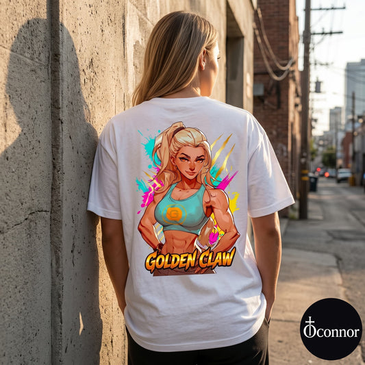 Female model wearing Golden Claw white cotton t-shirt seen from behind in urban setting with anime-style elements - O'Connor streetwear
