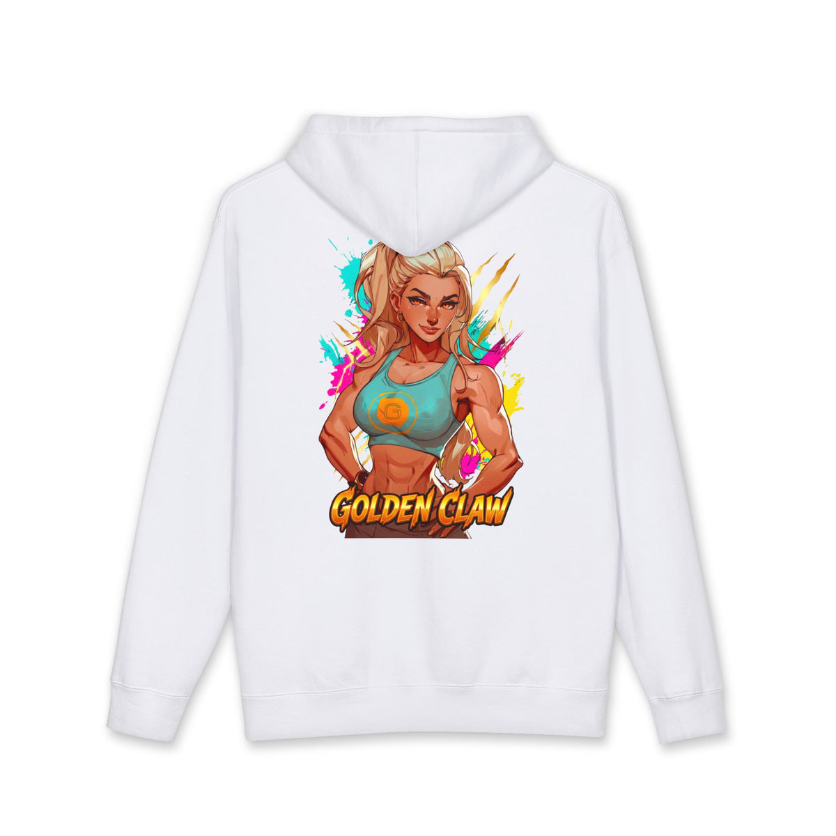 Golden Claw hoodie back view white - gold and bronze anime design by O'Connor