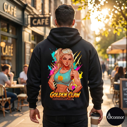 Male model wearing Golden Claw black hoodie seen from behind in urban setting with anime-style elements - O'Connor streetwear