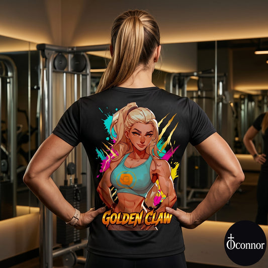 Female athlete wearing Golden Claw anime polyester gym tee in fitness studio - back view showing gold design