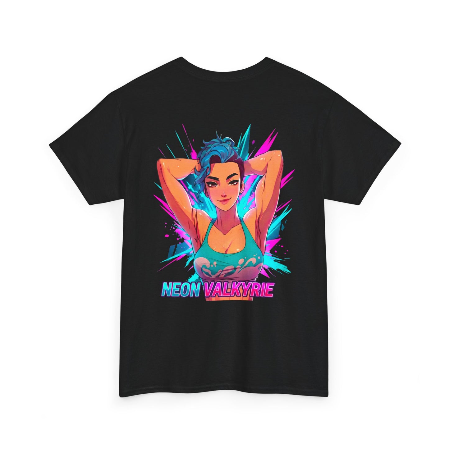 Neon Valkyrie cotton t-shirt back view black - neon purple and cyan anime design by O'Connor