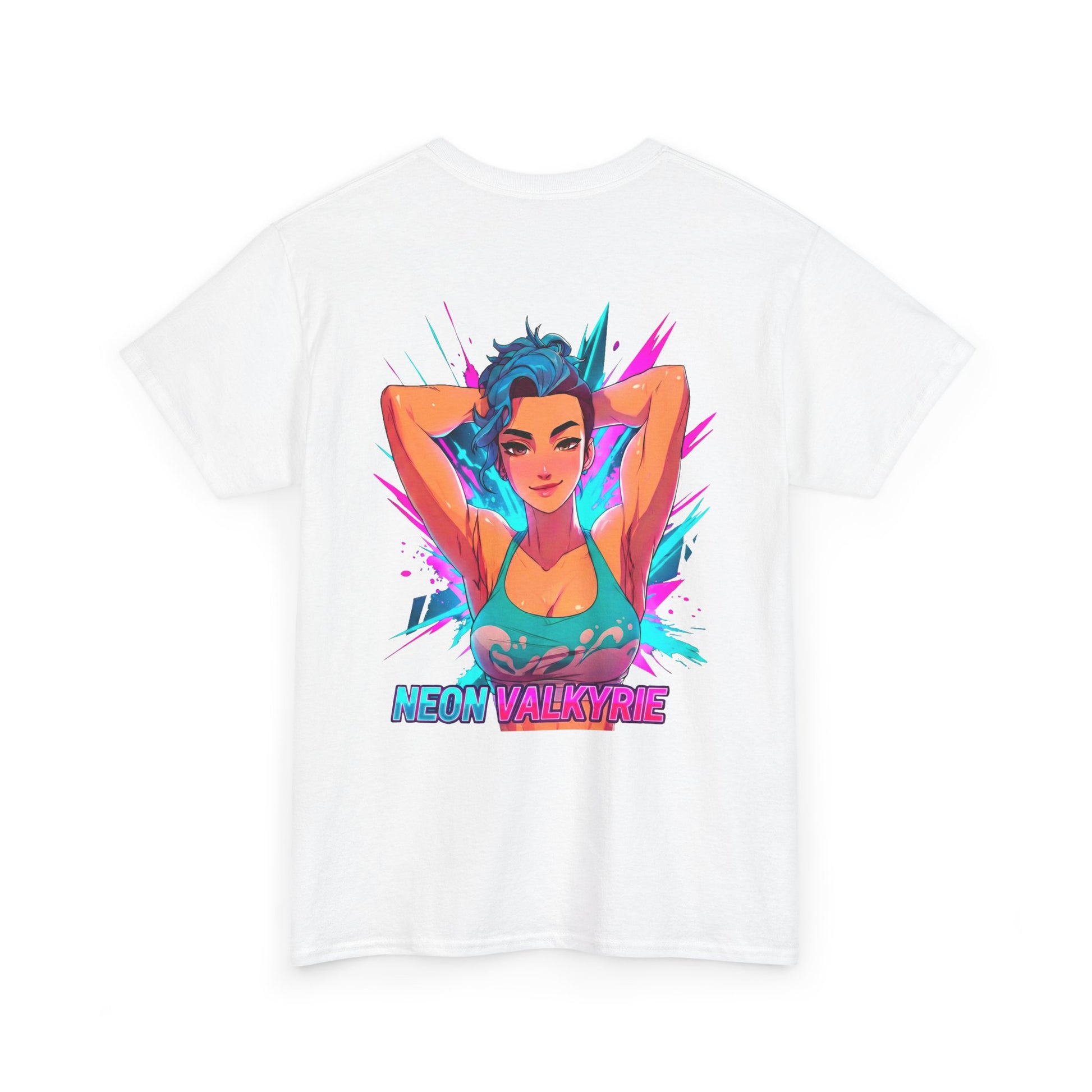 Neon Valkyrie cotton t-shirt back view white - neon purple and cyan anime design by O'Connor