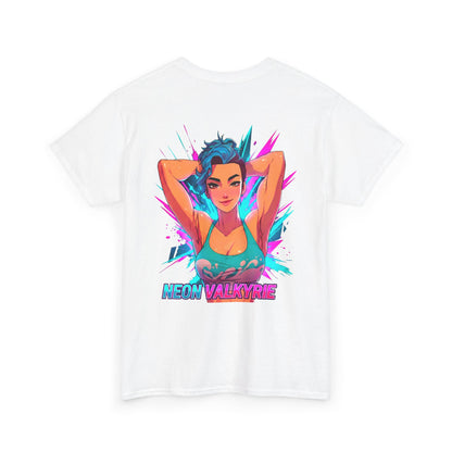 Neon Valkyrie cotton t-shirt back view white - neon purple and cyan anime design by O'Connor