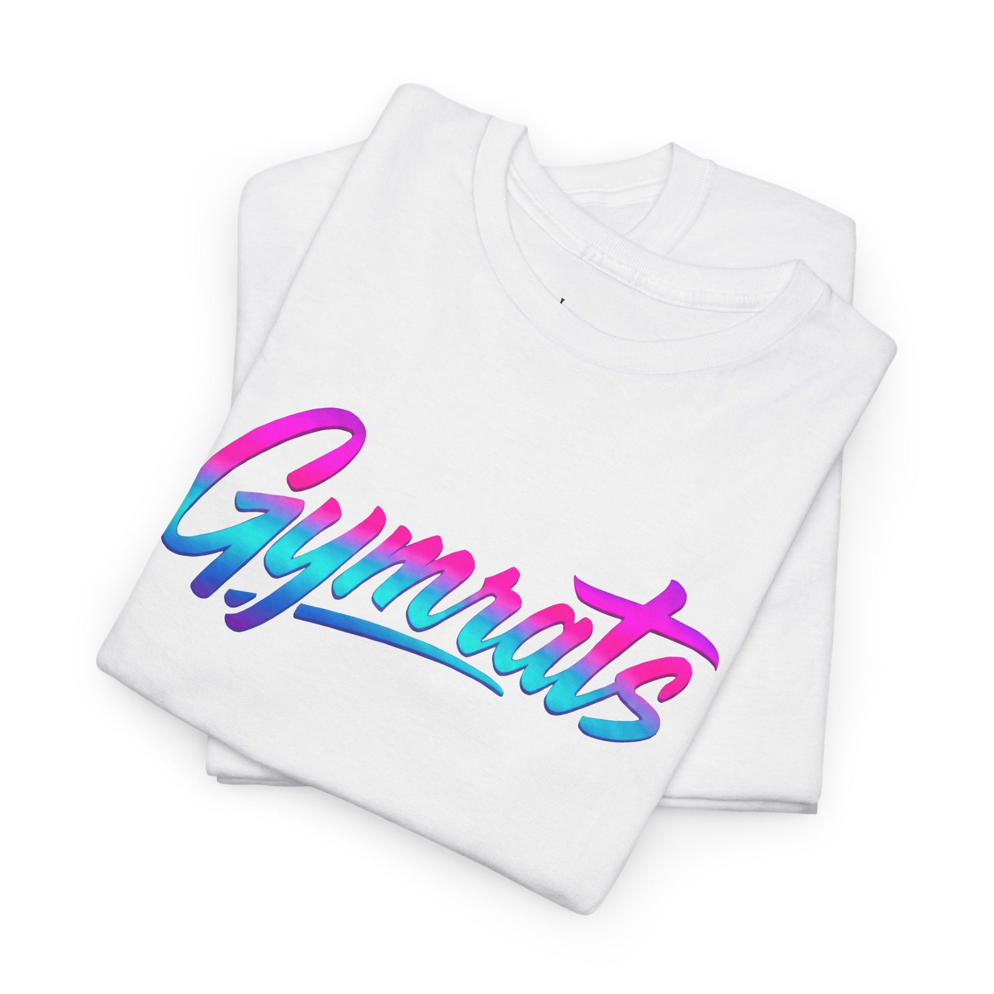 Neon Valkyrie folded white cotton t-shirt showing Gymrats collection logo