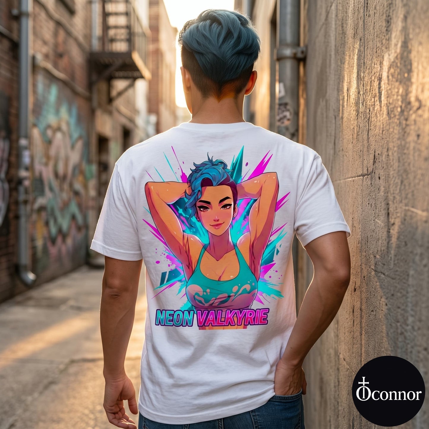 Female model wearing Neon Valkyrie white cotton t-shirt seen from behind in urban setting with anime-style elements - O'Connor streetwear