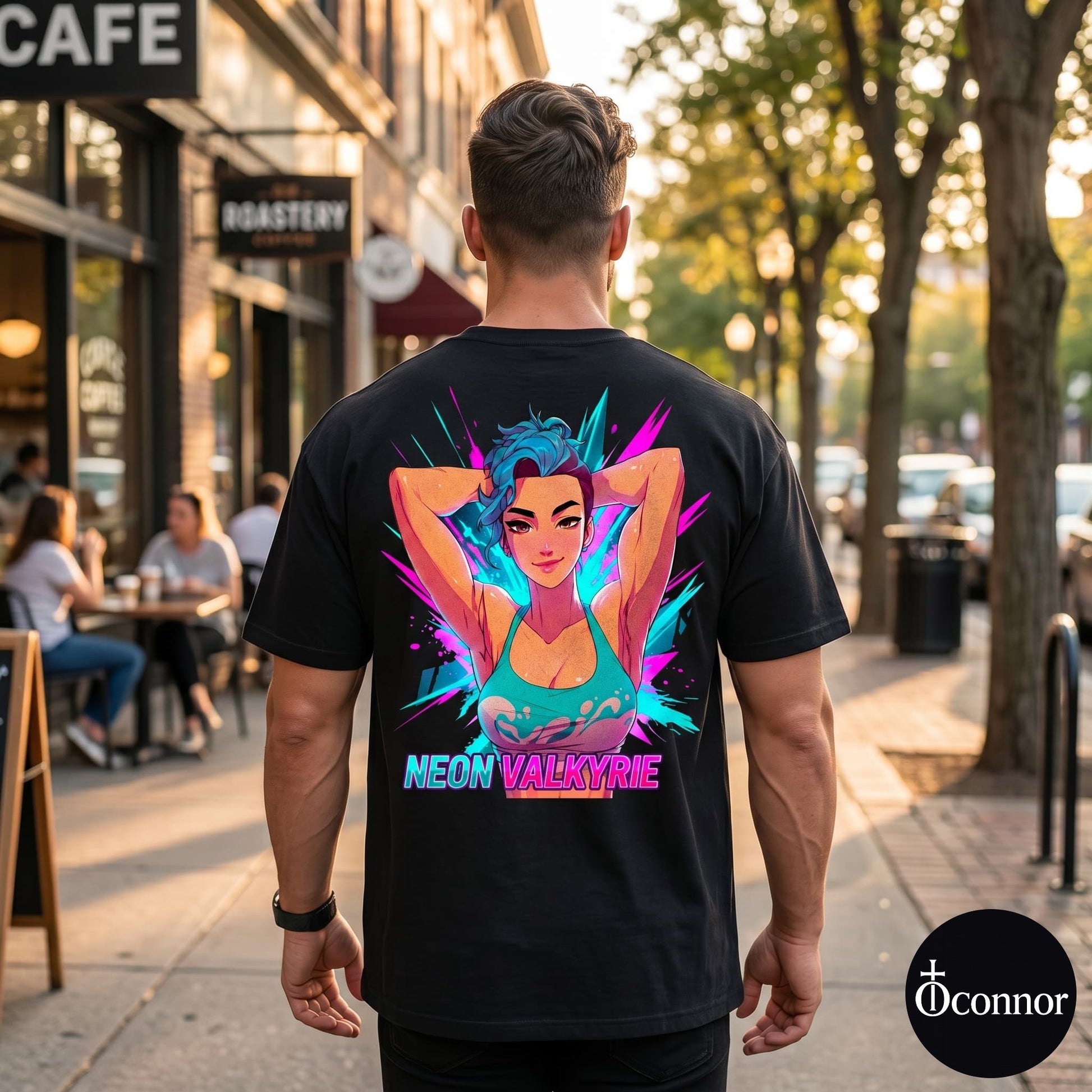Male model wearing Neon Valkyrie black cotton t-shirt seen from behind in urban setting with anime-style elements - O'Connor streetwear
