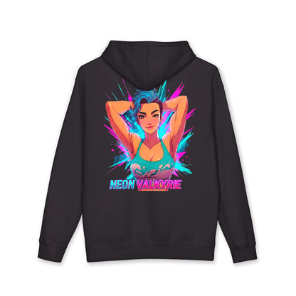 Neon Valkyrie hoodie back view black - neon purple and cyan anime design by O'Connor