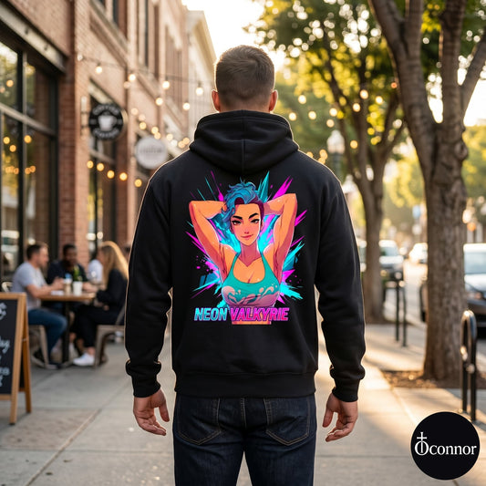 Male model wearing Neon Valkyrie black hoodie seen from behind in urban setting with anime-style elements - O'Connor streetwear