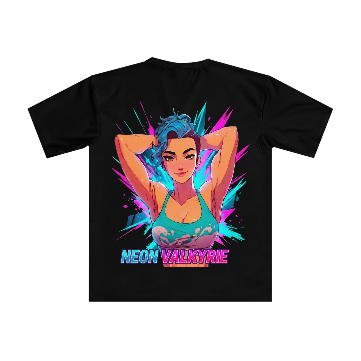 Neon Valkyrie anime polyester performance tee back view - exclusive gymrat streetwear design"