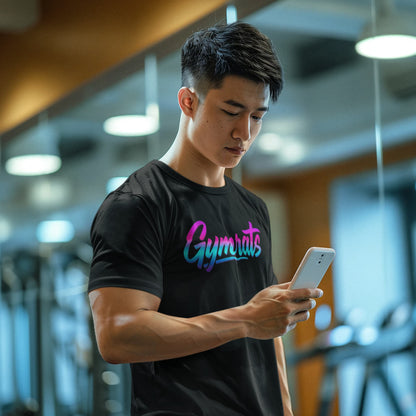 Model wearing Neon Valkyrie polyester performance tee in gym setting - anime workout apparel